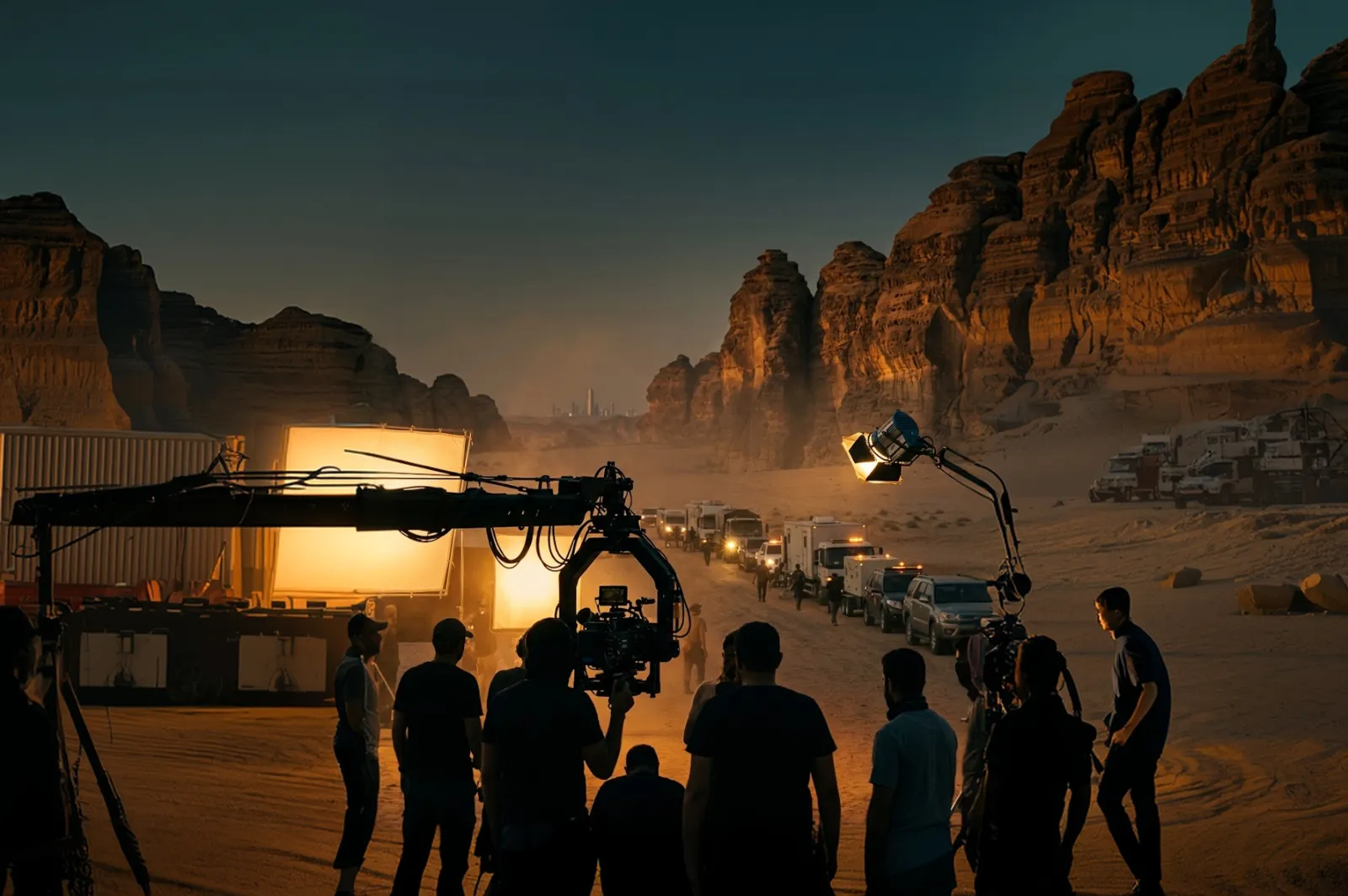 Night unit base in a desert canyon with crew, lighting and vehicles