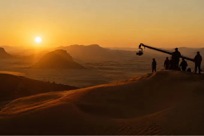 Camera crane silhouetted against the setting sun