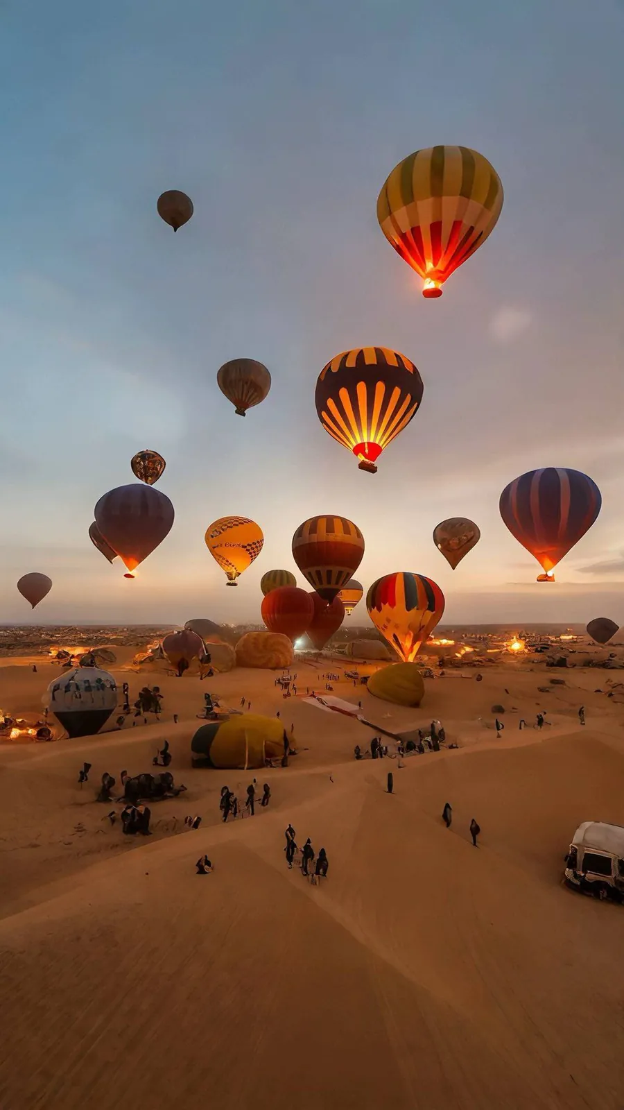 Hot air balloons over desert dunes