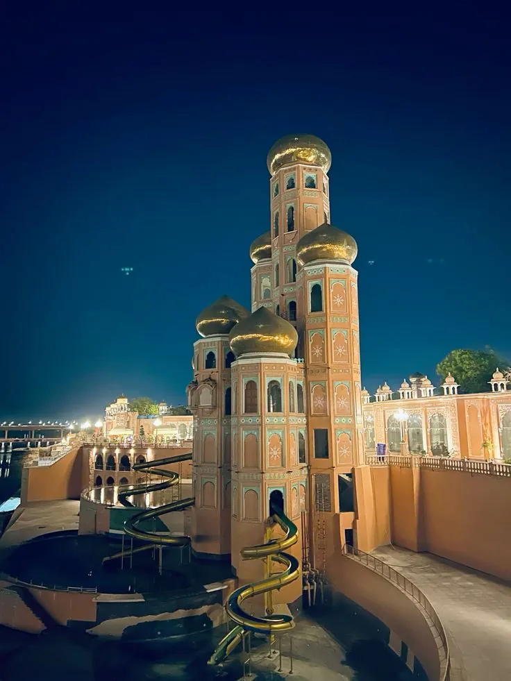 Ornate heritage-style architecture at night