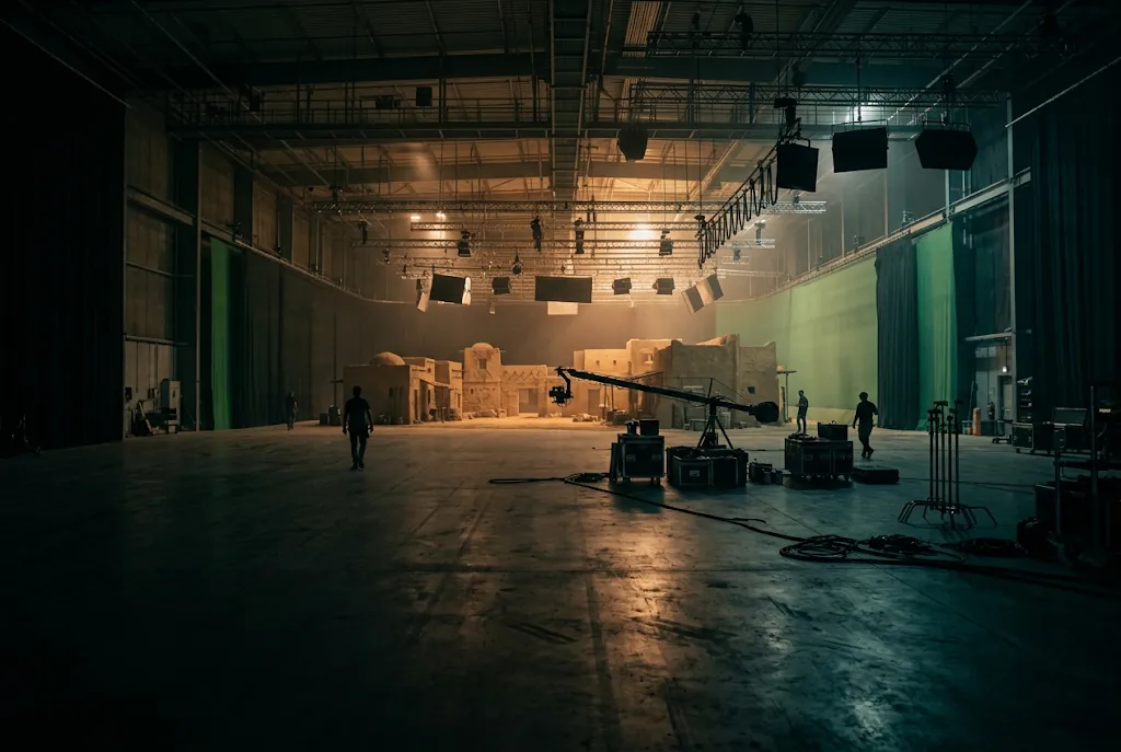 Large film studio stage with lighting rigs